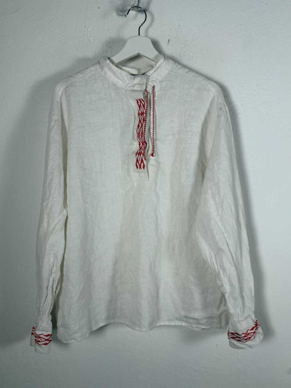 Eliz Womens White Linen Red Embroidered Folk Peasant Blouse Top 44 Long Sleeve